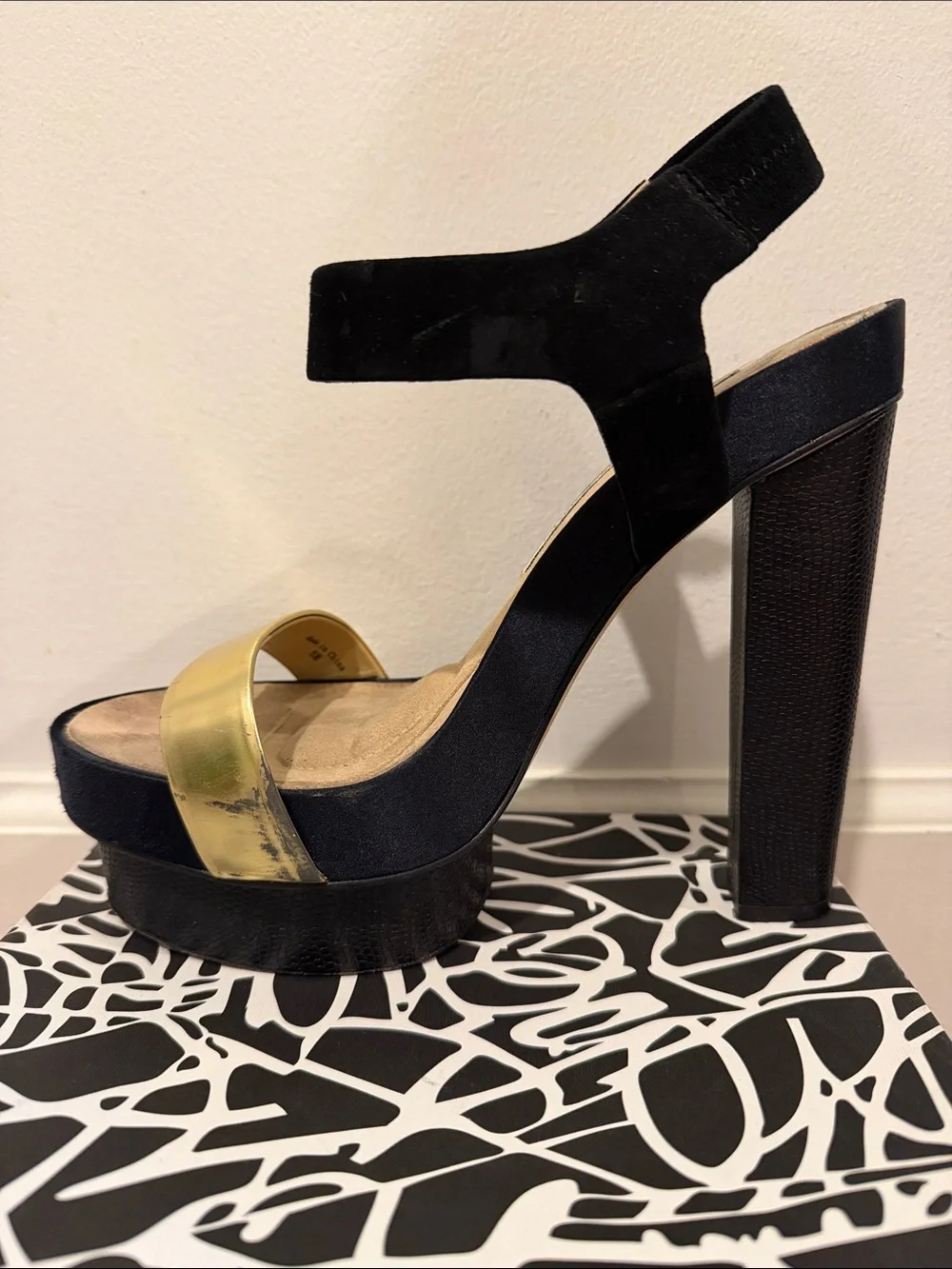 Diane Von Furstenberg Black and Gold Platform Block Heel Sandals